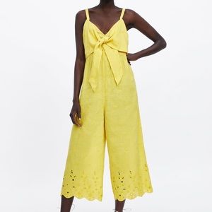 Zara Yellow Embroidered Linen Jumpsuit